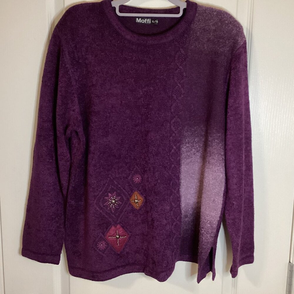 Moffi Women's Purple Textured Knit Sweater Crew neck Size XL Beads Embroidered
